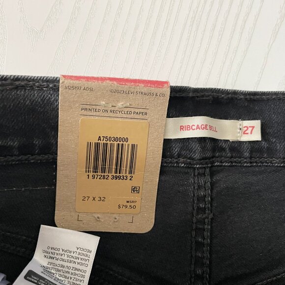 Levi's Women's Ribcage Bell Jeans 27x32 Black Super High Rise Flare Denim Slim - Picture 7 of 9